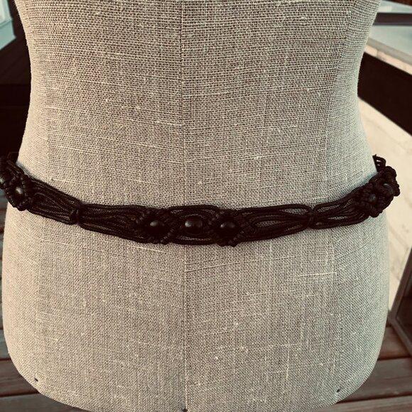 Vintage Y2K Boho Hippie Wood Beaded Black Leather Cord Rope Fringe Tie Hip Belt - Picture 5 of 9